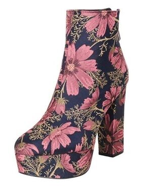 Women’s Midnight Bloom Navy Blue and Pink Floral Platform Ankle Boots Sz 7.5